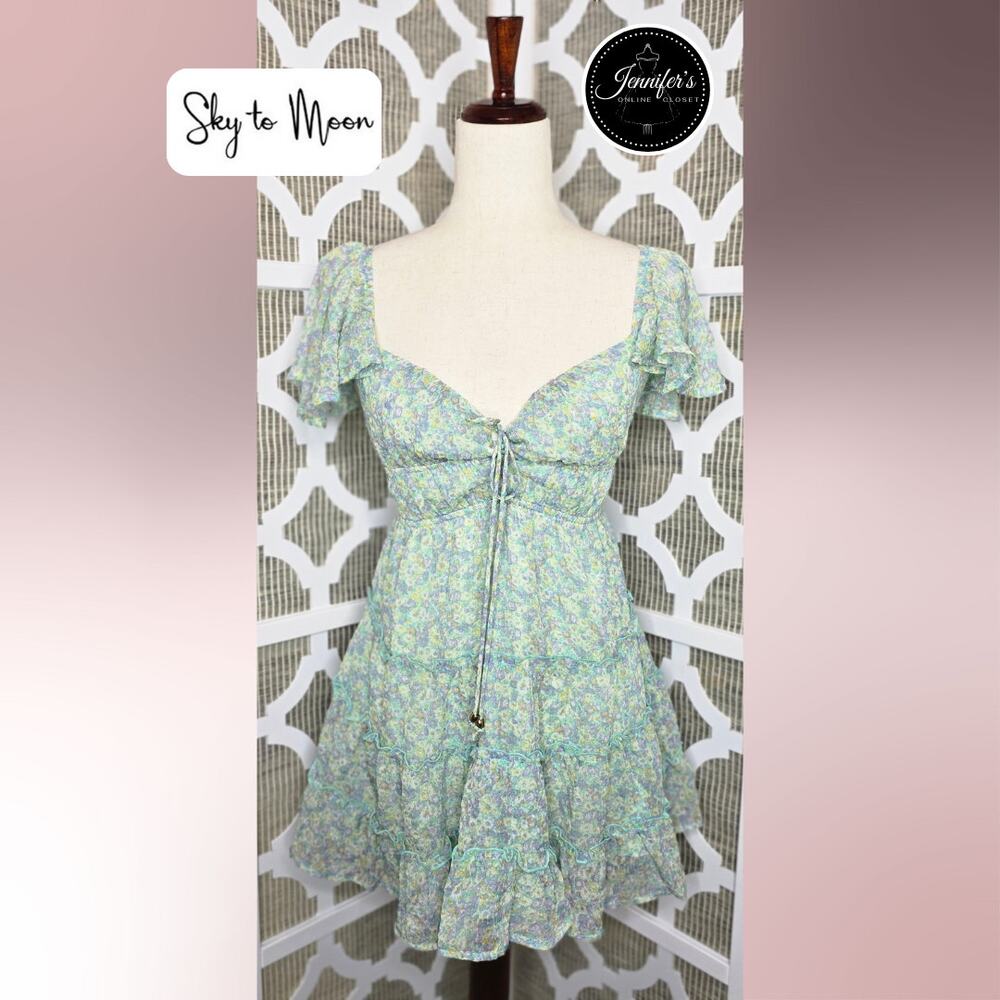 Sky to Moon Juniors Mint Green & Lavender Front Tie Layered Chiffon Dress Size S